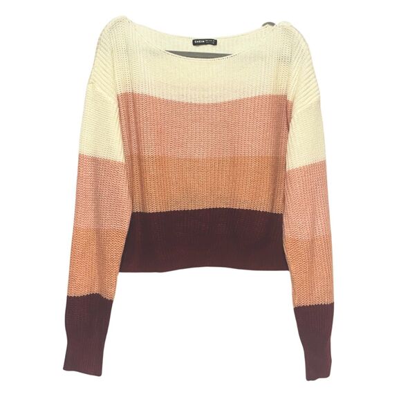 Pink Boxy Cropped Boat Neck Stripe Ribbed Knit Sweater - Picture 2 of 14